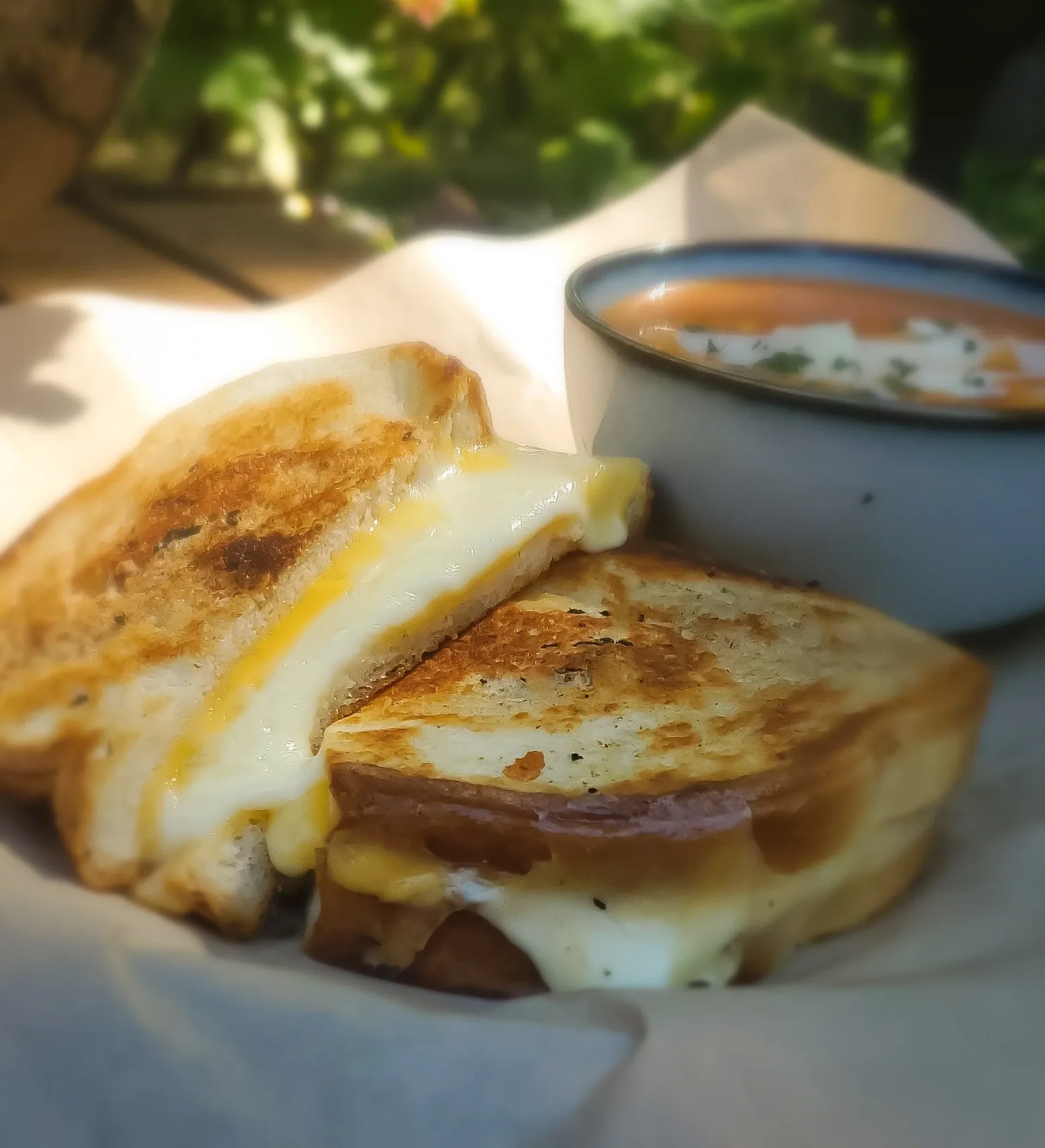 A grilled cheese sandwich and bowl of soup.